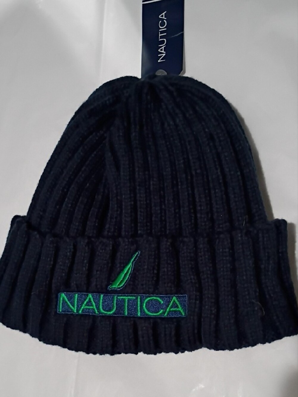 NAUTICA Blue Ribbed Knit Fleece Lined Beanie with Green Logo - SIZE OS NWT